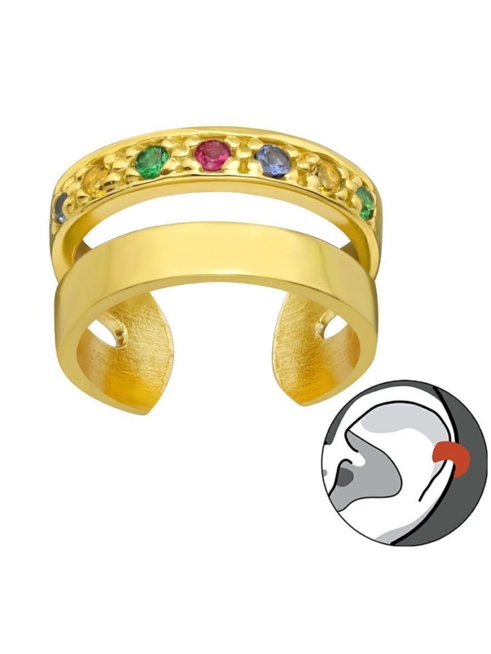 14K Gold Vermeil Multicolor Rainbow Ear Cuff Earring